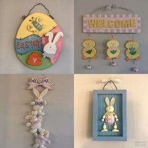 Vintage Easter Decor - Lot of 4 Easter Wall Hangings Bunny Chicks Egg